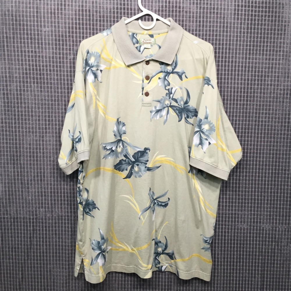 Tommy Bahama Mens XL Sage Green Tropical Floral Orchid Cotton Polo Shirt